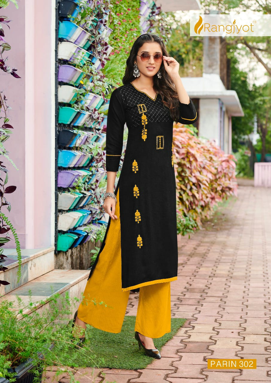 RANGJYOT PARIN VOL-3 Lateat fancy Festive Wear Heavy slub Rayon Dori With Gold Print Kurtis With Bottom Collection